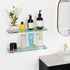 Open Box, Brushed Gold Glass Floating Bathroom Wall Shelf with Railing 16"